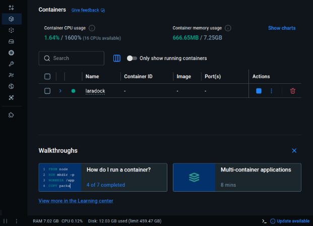 Docker Desktop Dashboard showing running containers